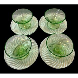 Vintage Green Spiral Depression Glass Dessert Sets - 4 Swirl Plates and 4 Matchi